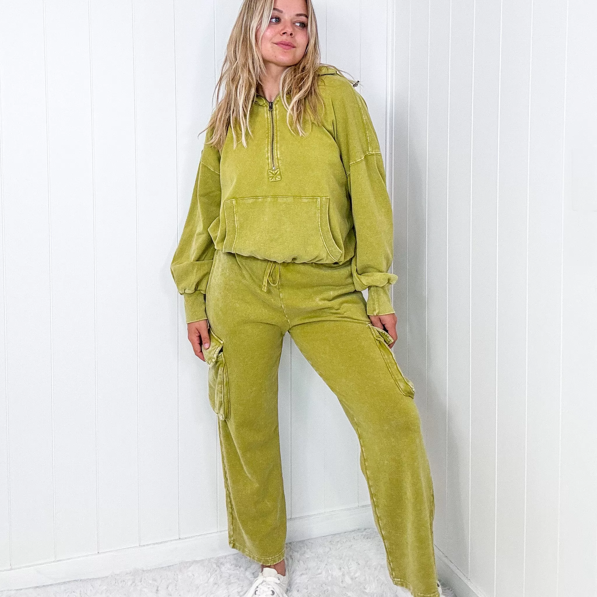 Fun on Fridays Mineral Washed Terry Knit Wide Leg Pull On Cargo Pants in Pistachio