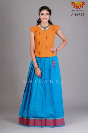 Girls Blue Pure Cotton Plain Border Pavadai Set