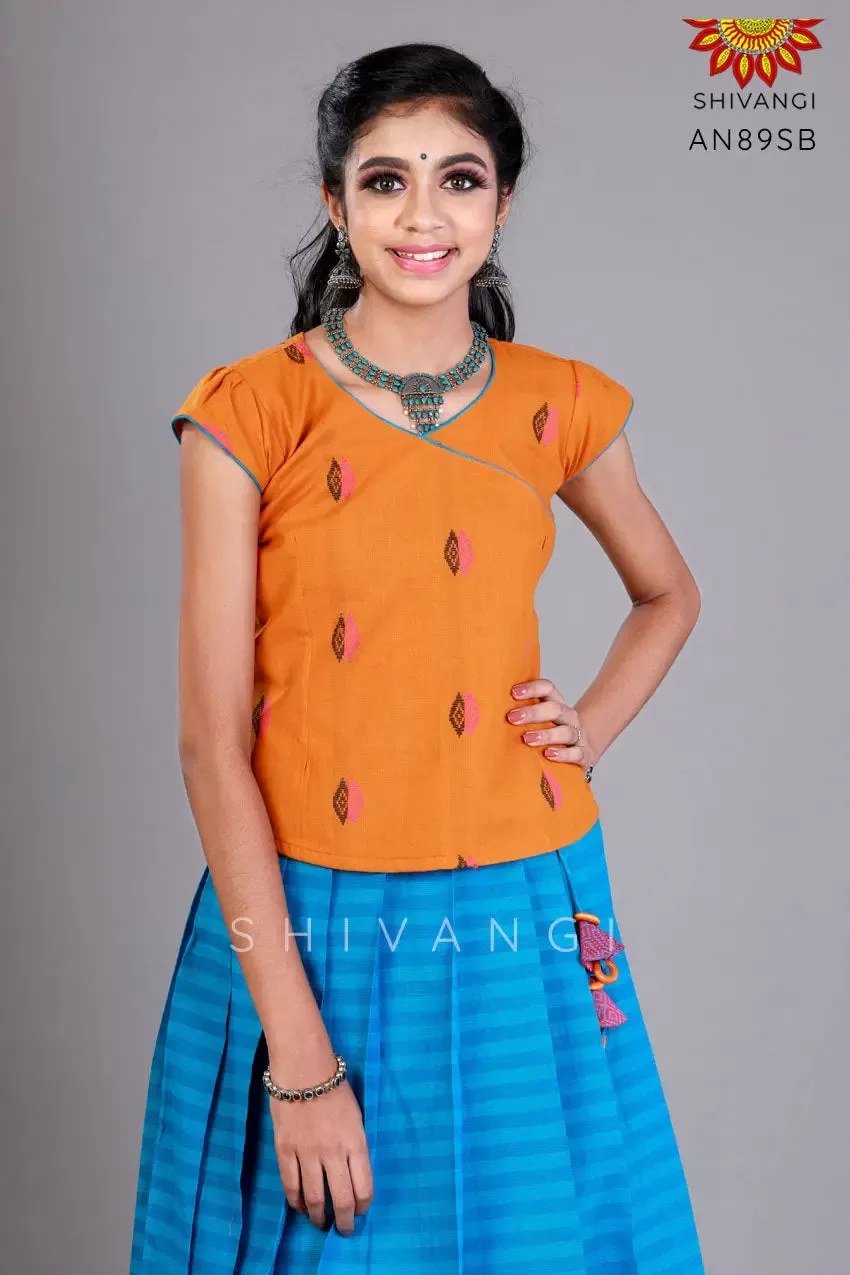 Girls Blue Pure Cotton Plain Border Pavadai Set