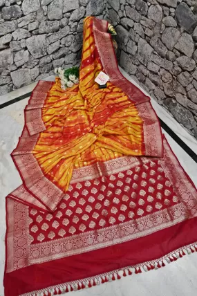 Golden Yellow and Red Color Georgette Chanderi Banarasi Saree with Tie and Dye Work