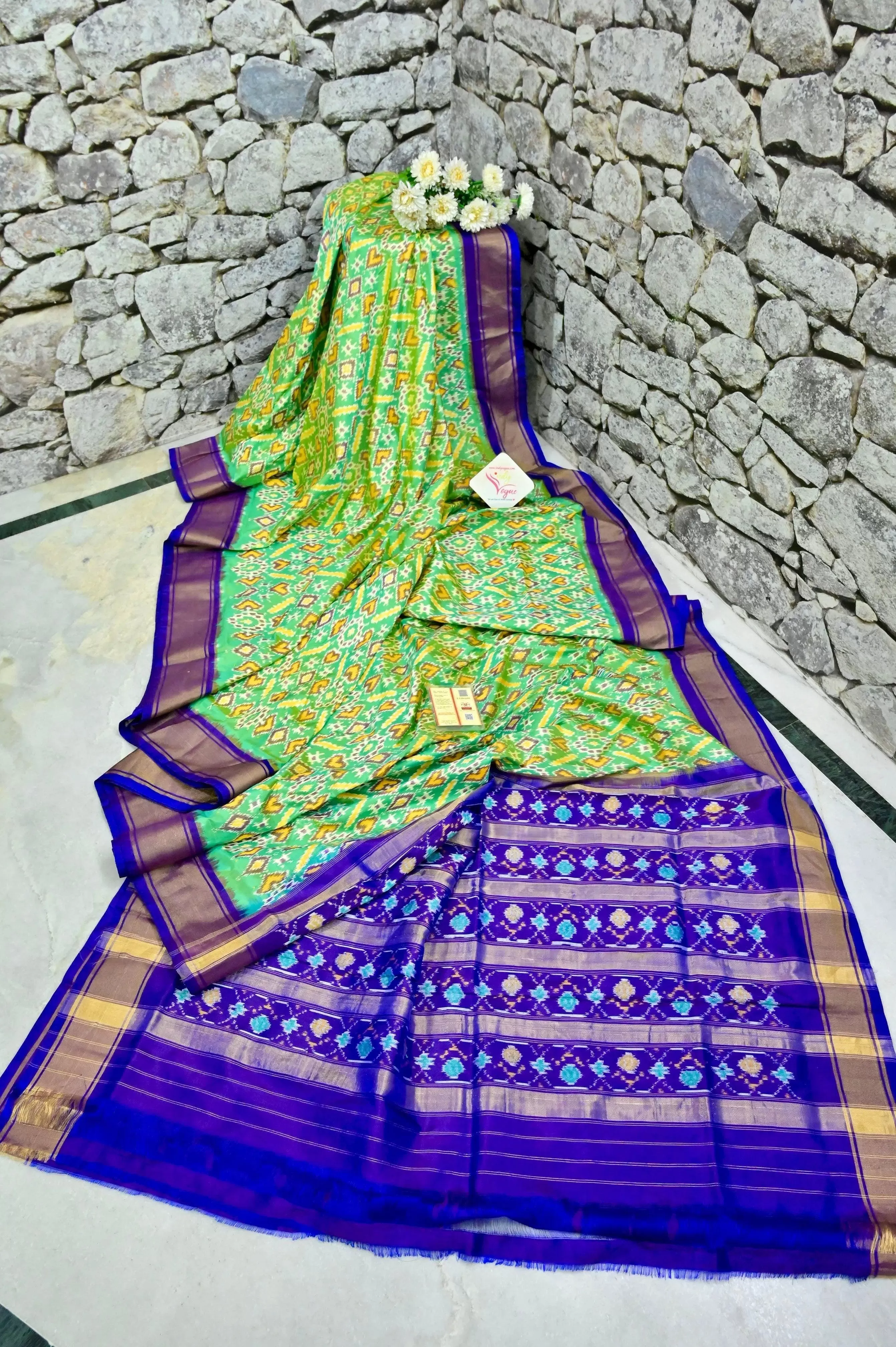 Green and Purple Color Ikat Silk Saree