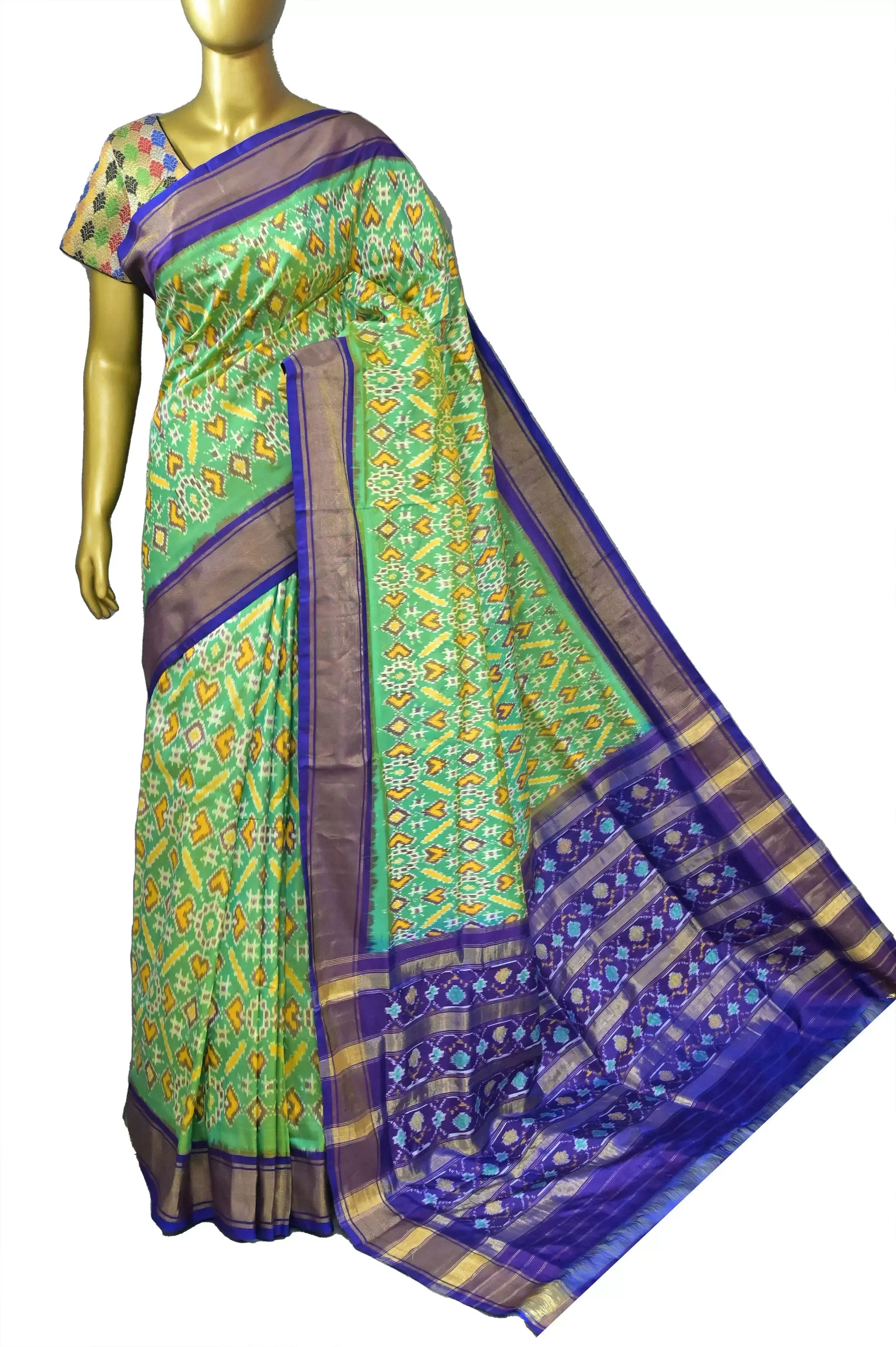 Green and Purple Color Ikat Silk Saree