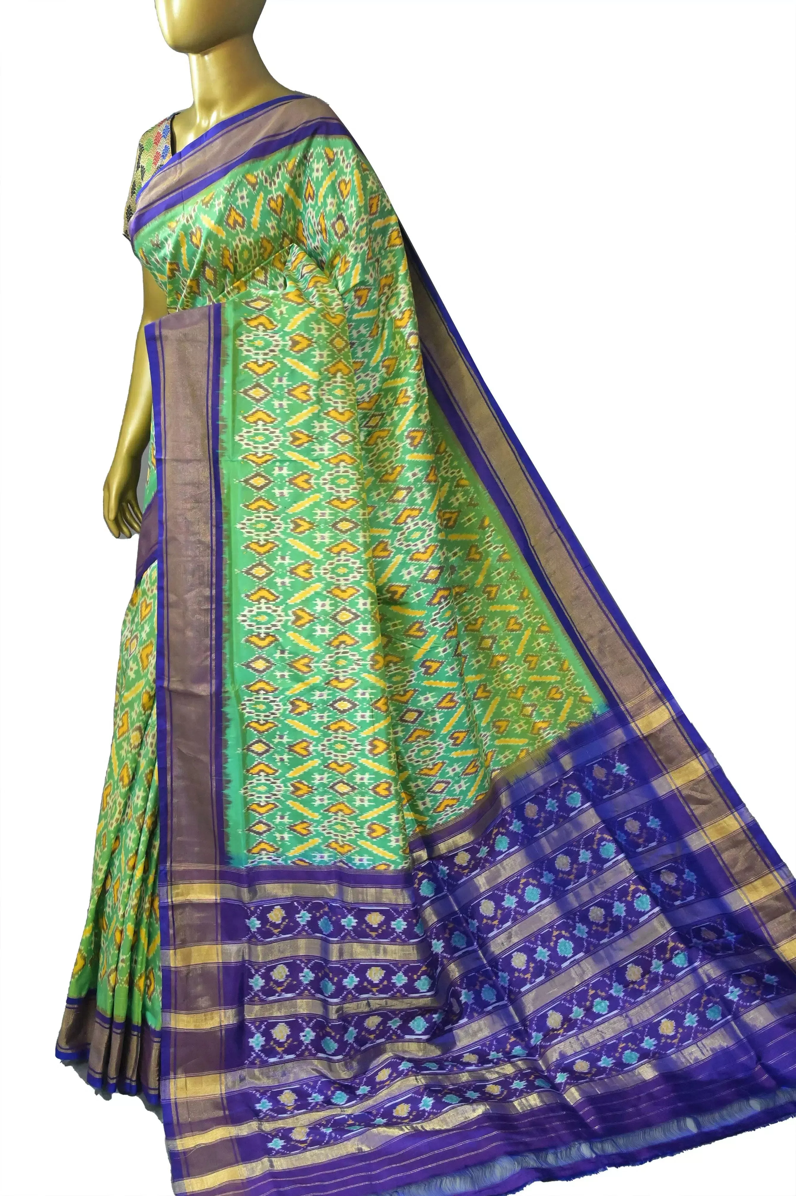 Green and Purple Color Ikat Silk Saree