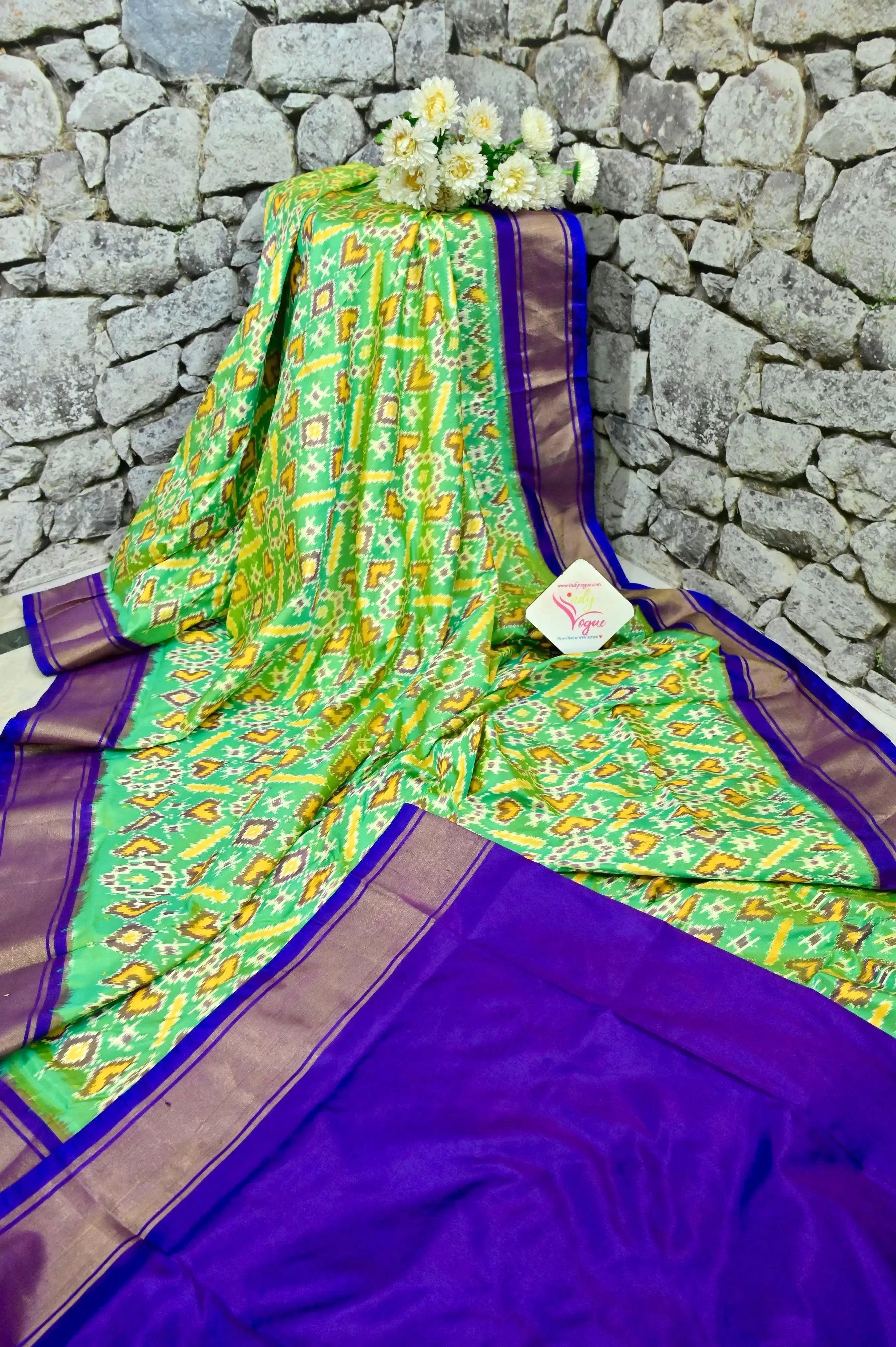 Green and Purple Color Ikat Silk Saree