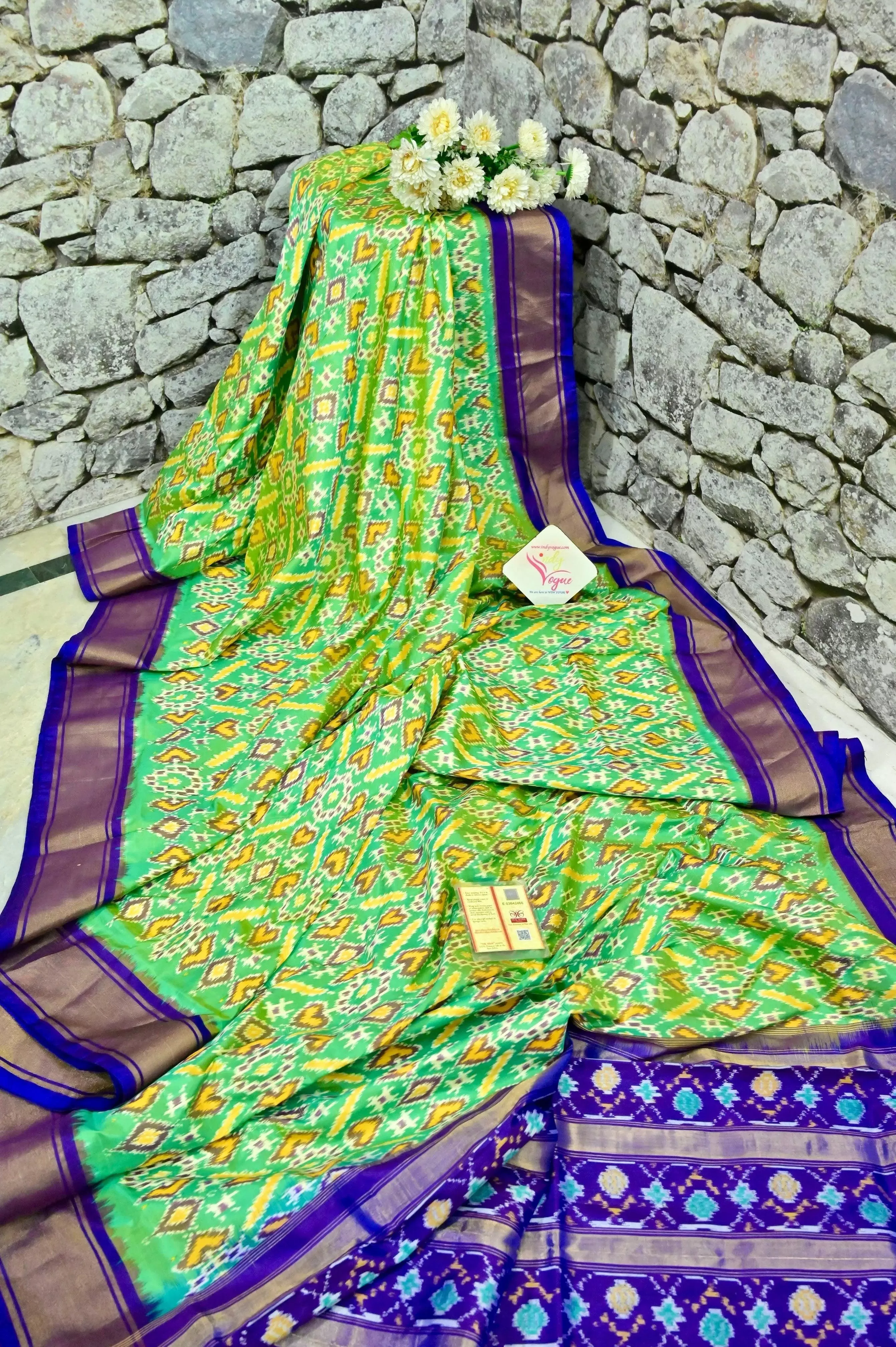 Green and Purple Color Ikat Silk Saree