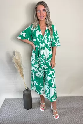 Green Floral Tie Front Wide Leg Jumpsuit