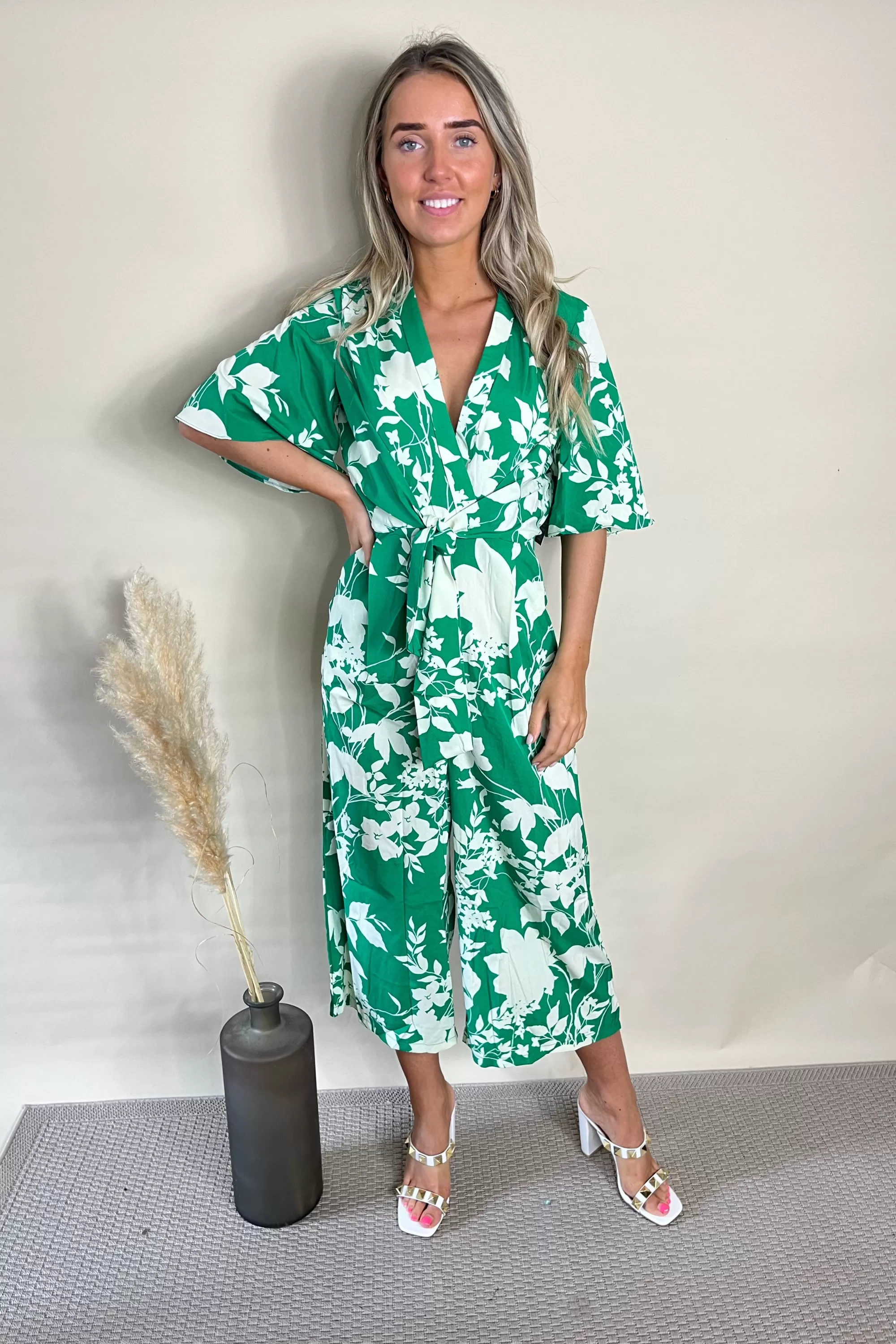 Green Floral Tie Front Wide Leg Jumpsuit