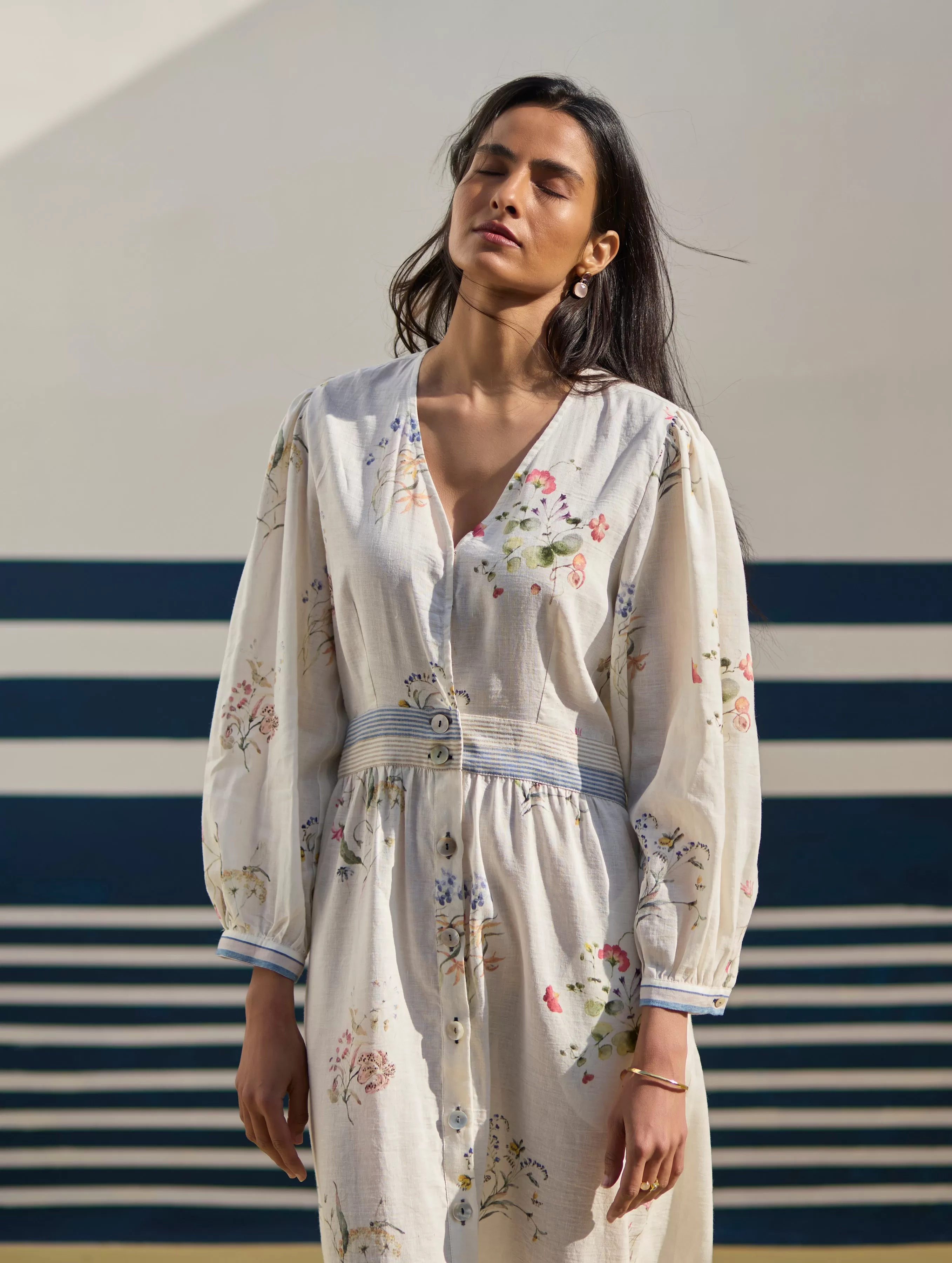 Greta Floral Linen Dress - Ivory