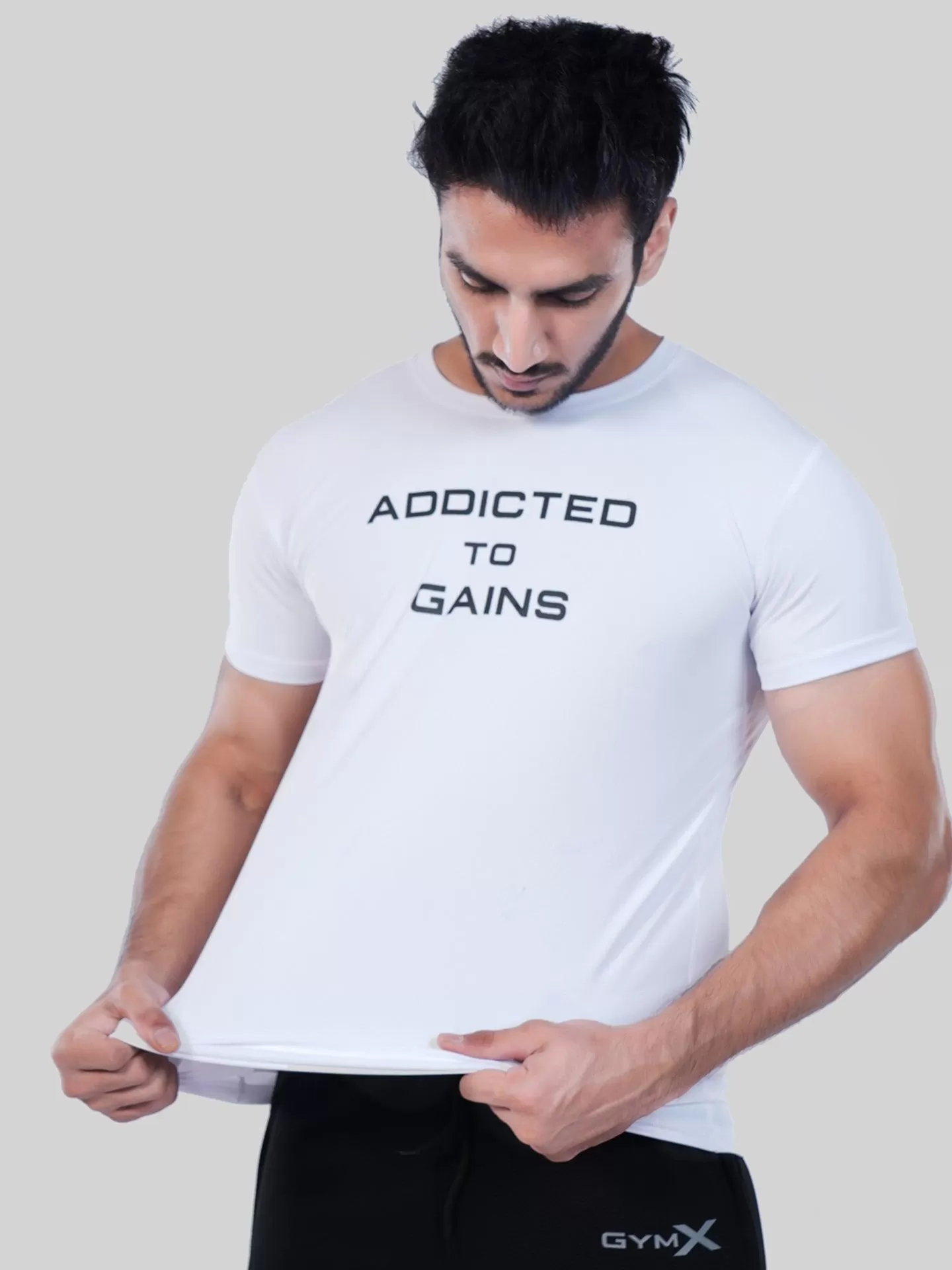 GymX Ultra Lite White Tee: Addicted To Gains - Sale