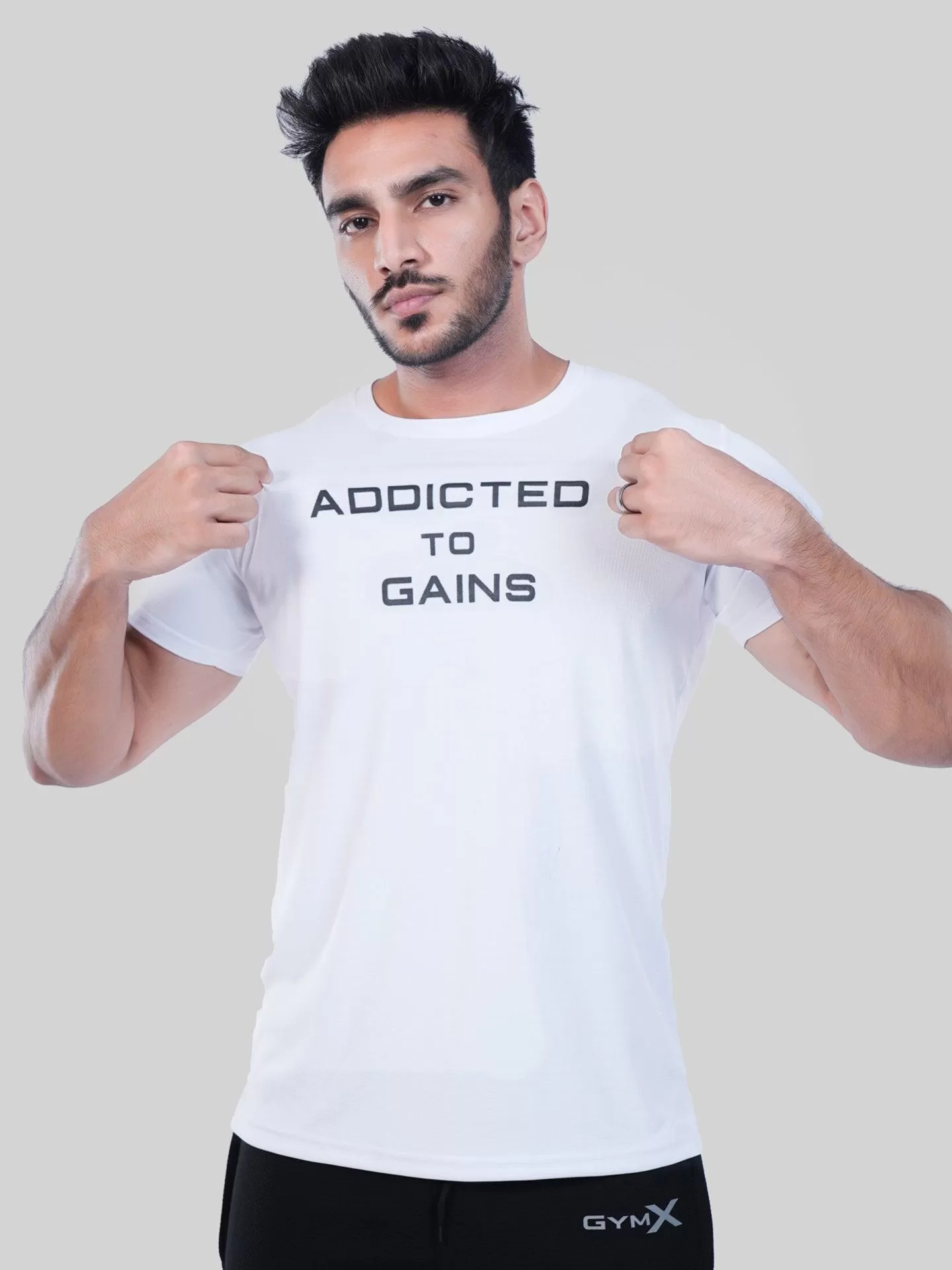 GymX Ultra Lite White Tee: Addicted To Gains - Sale