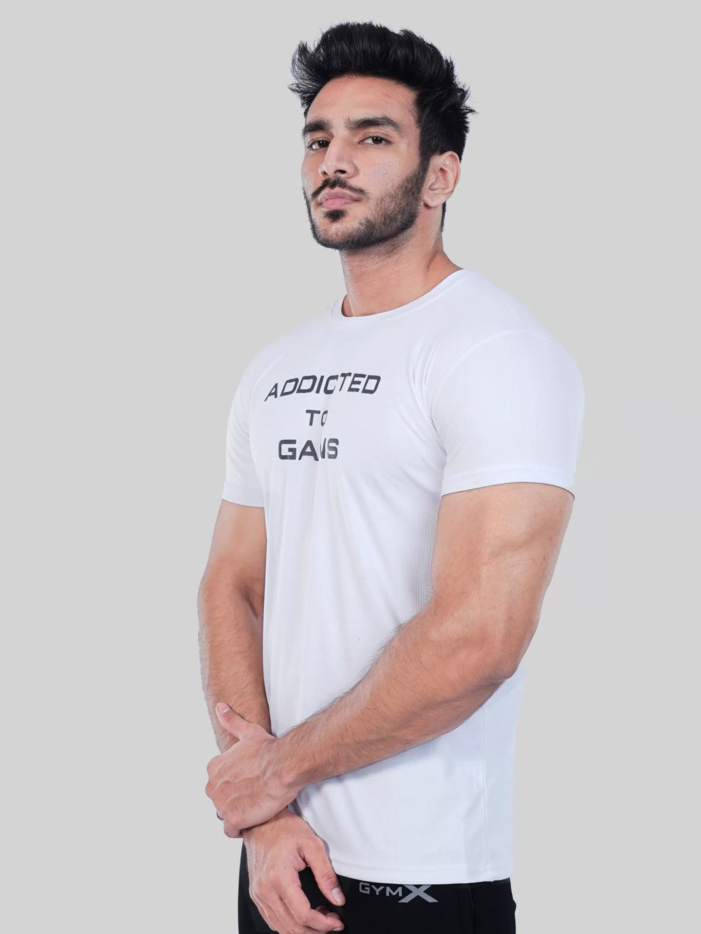 GymX Ultra Lite White Tee: Addicted To Gains - Sale