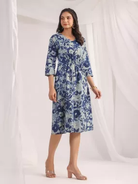 Indigo Cotton Floral Panelled Dress