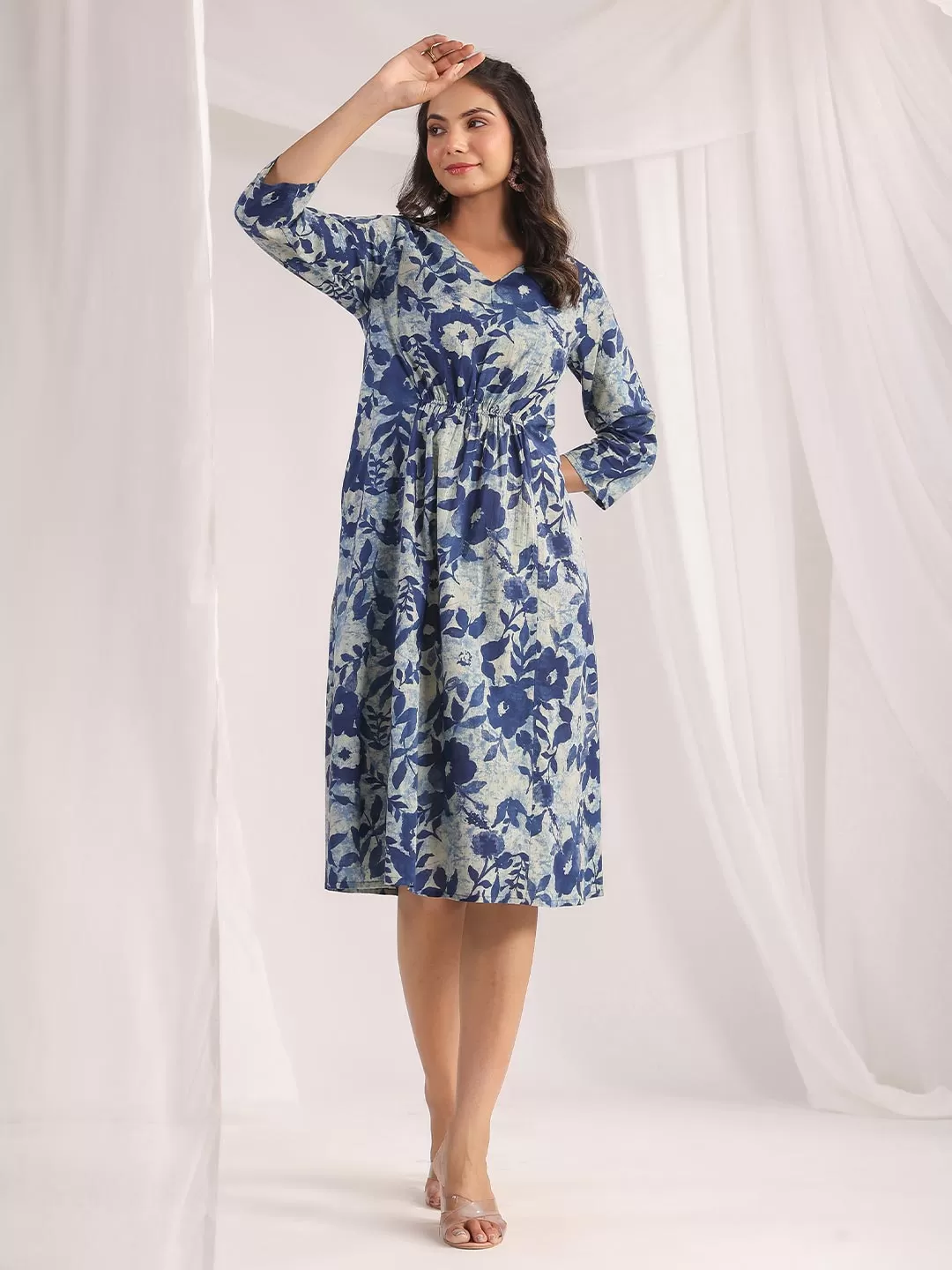 Indigo Cotton Floral Panelled Dress