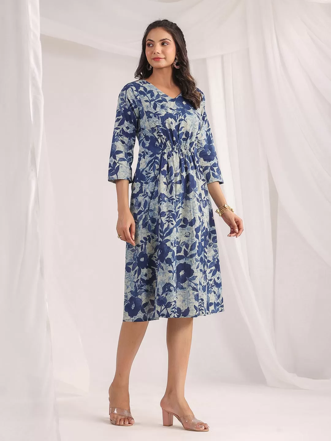 Indigo Cotton Floral Panelled Dress