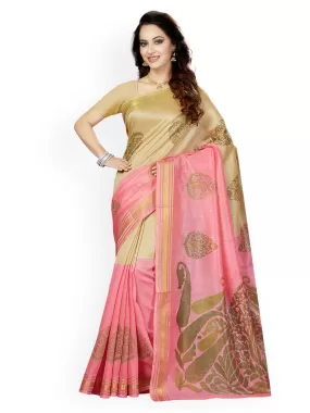 Ishin Art Silk Beige & Pink Ethnic Motifs Printed Women's Saree Including Blouse Piece