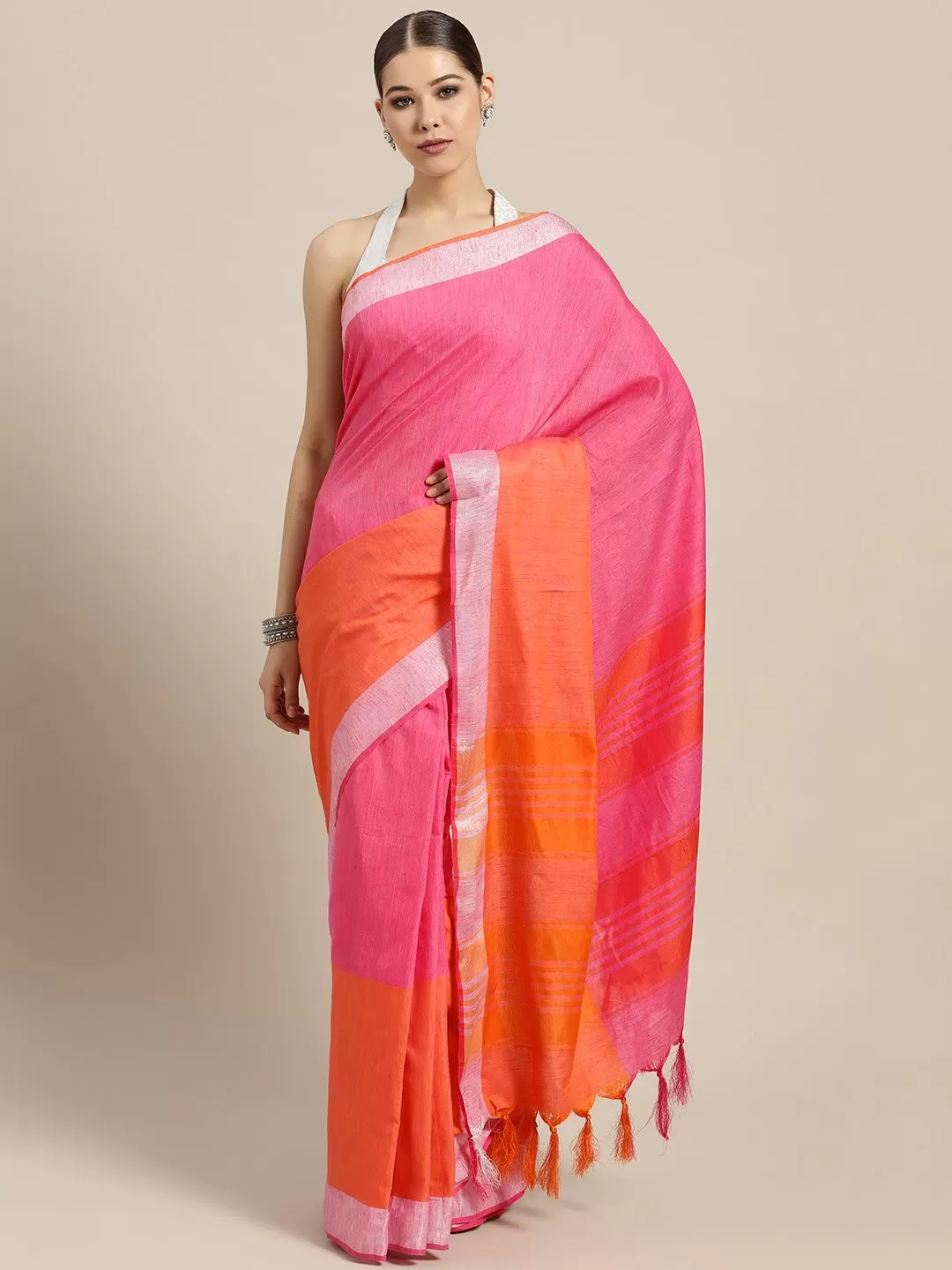 Ishin Cotton Orange & Pink Half & Half Solid Women's Saree With Tassels