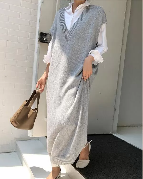 Knitting Loose V-Neck Sleeveless Long Dress