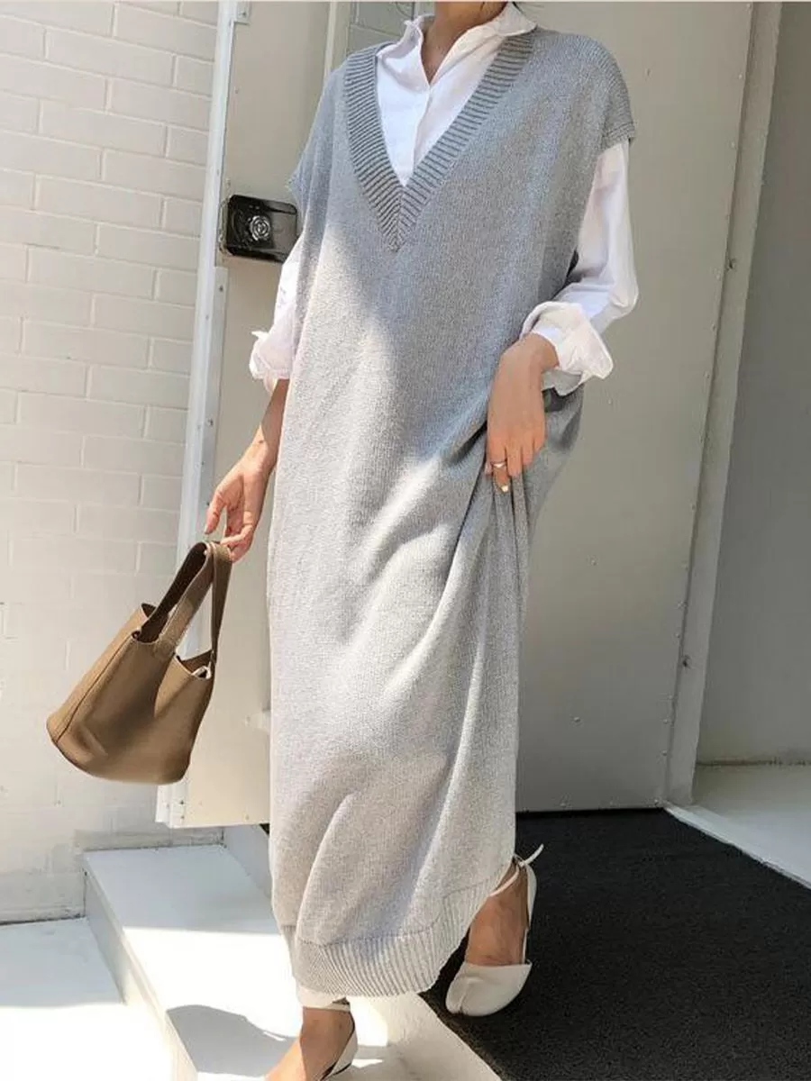 Knitting Loose V-Neck Sleeveless Long Dress