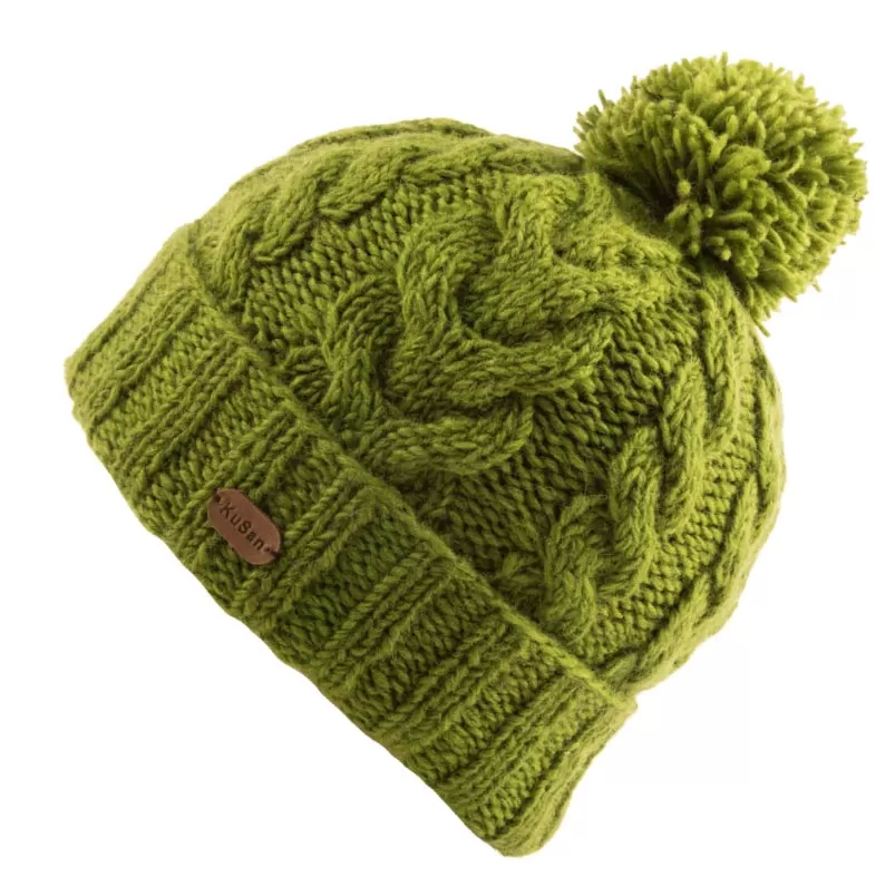 Kusan - Cable Turn Up Bobble Hat - Green