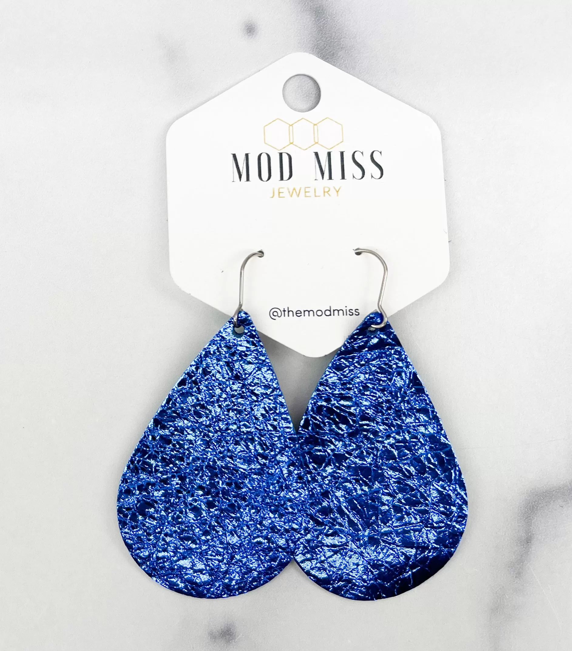 Leather Teardrop Earring Metallic Royal Blue