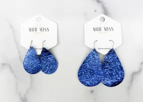 Leather Teardrop Earring Metallic Royal Blue