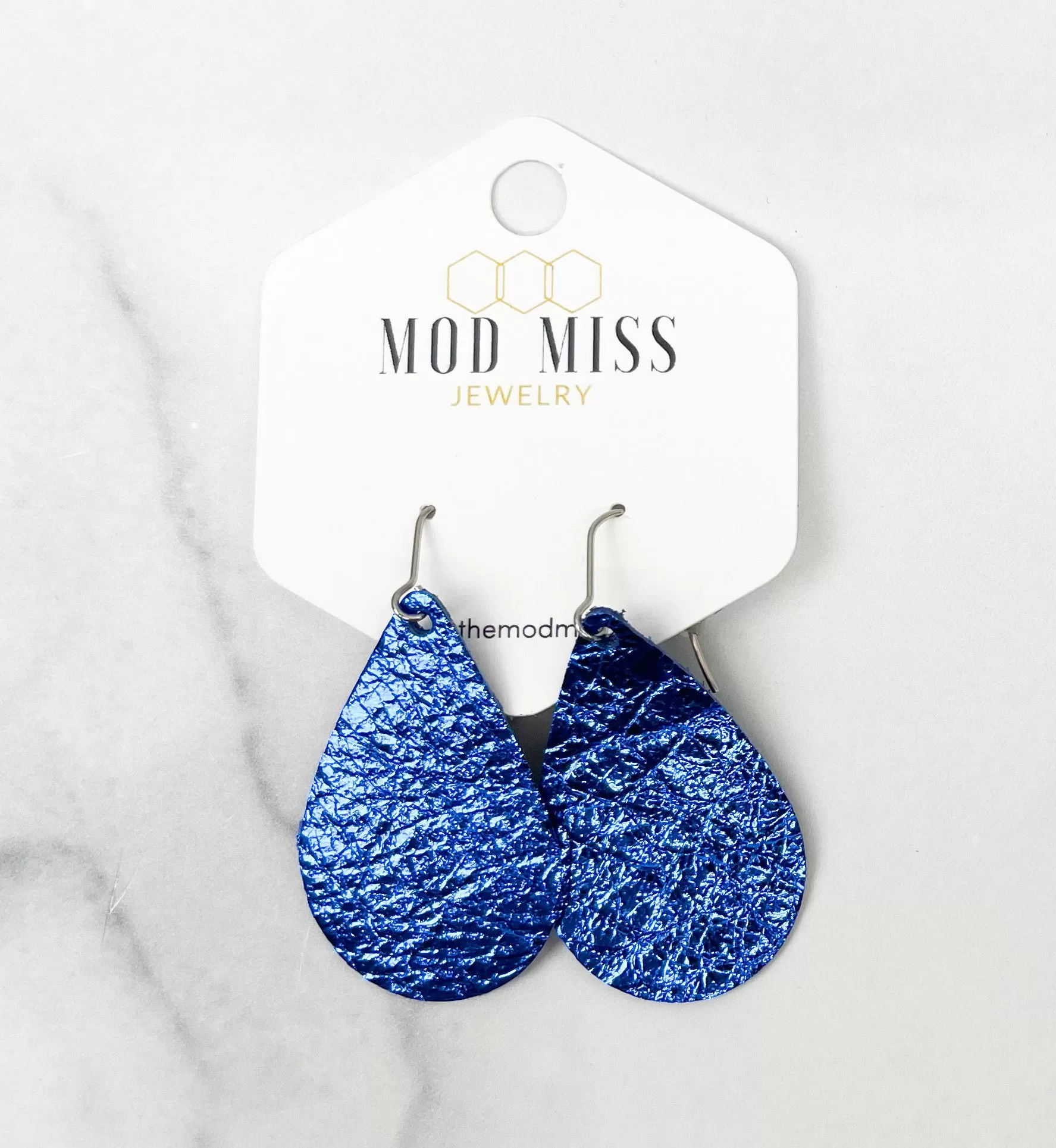 Leather Teardrop Earring Metallic Royal Blue