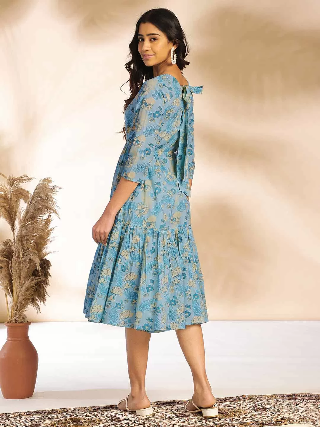 Light Blue Cotton Floral Fit & Flare Dress