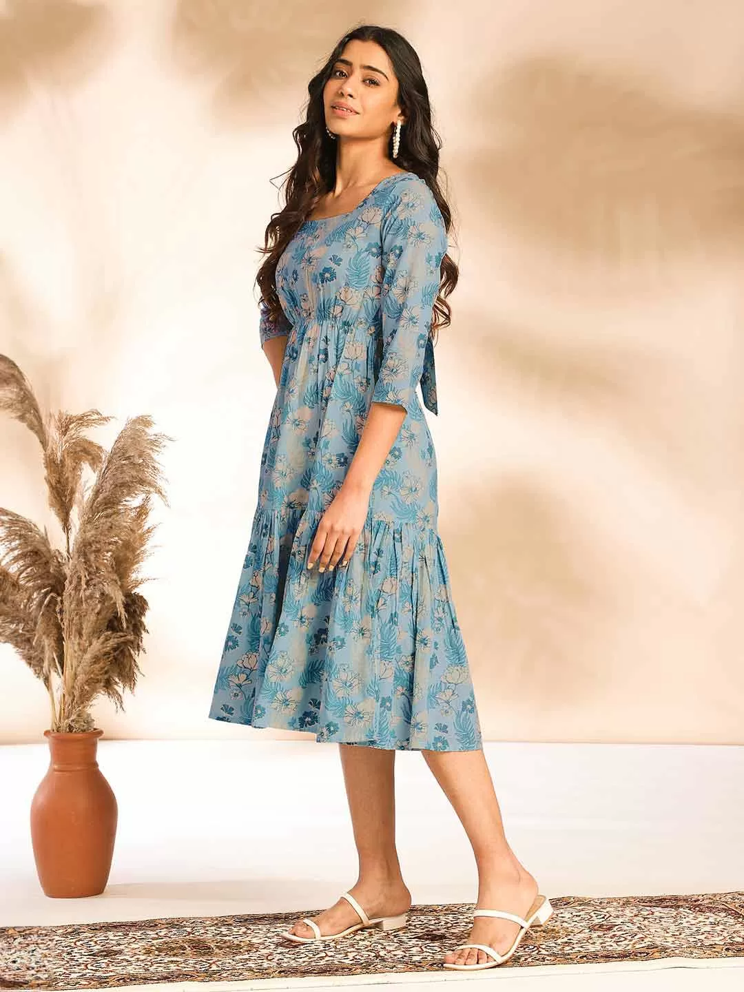 Light Blue Cotton Floral Fit & Flare Dress