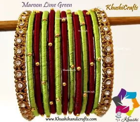 Lime green Maroon Silk Thread Beaded Bangles