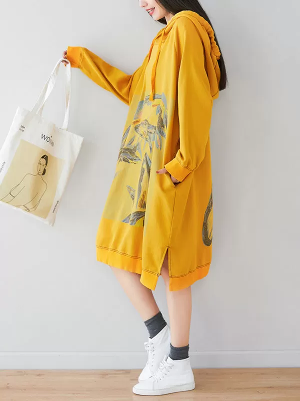 Loose Ethnic Floral Hooded Sweatshirt Dress