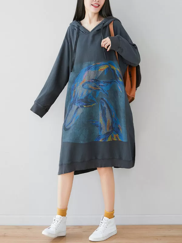 Loose Ethnic Floral Hooded Sweatshirt Dress