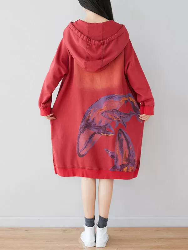 Loose Ethnic Floral Hooded Sweatshirt Dress