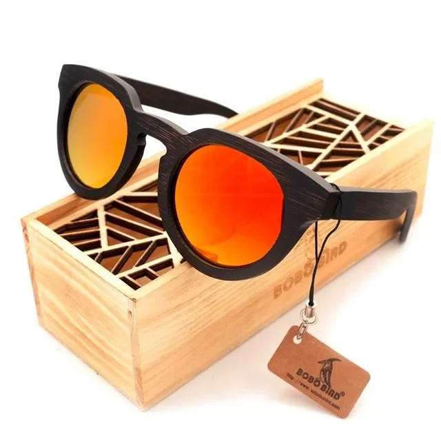 Luxury Black Wood Round Sunglasses Bobo Bird