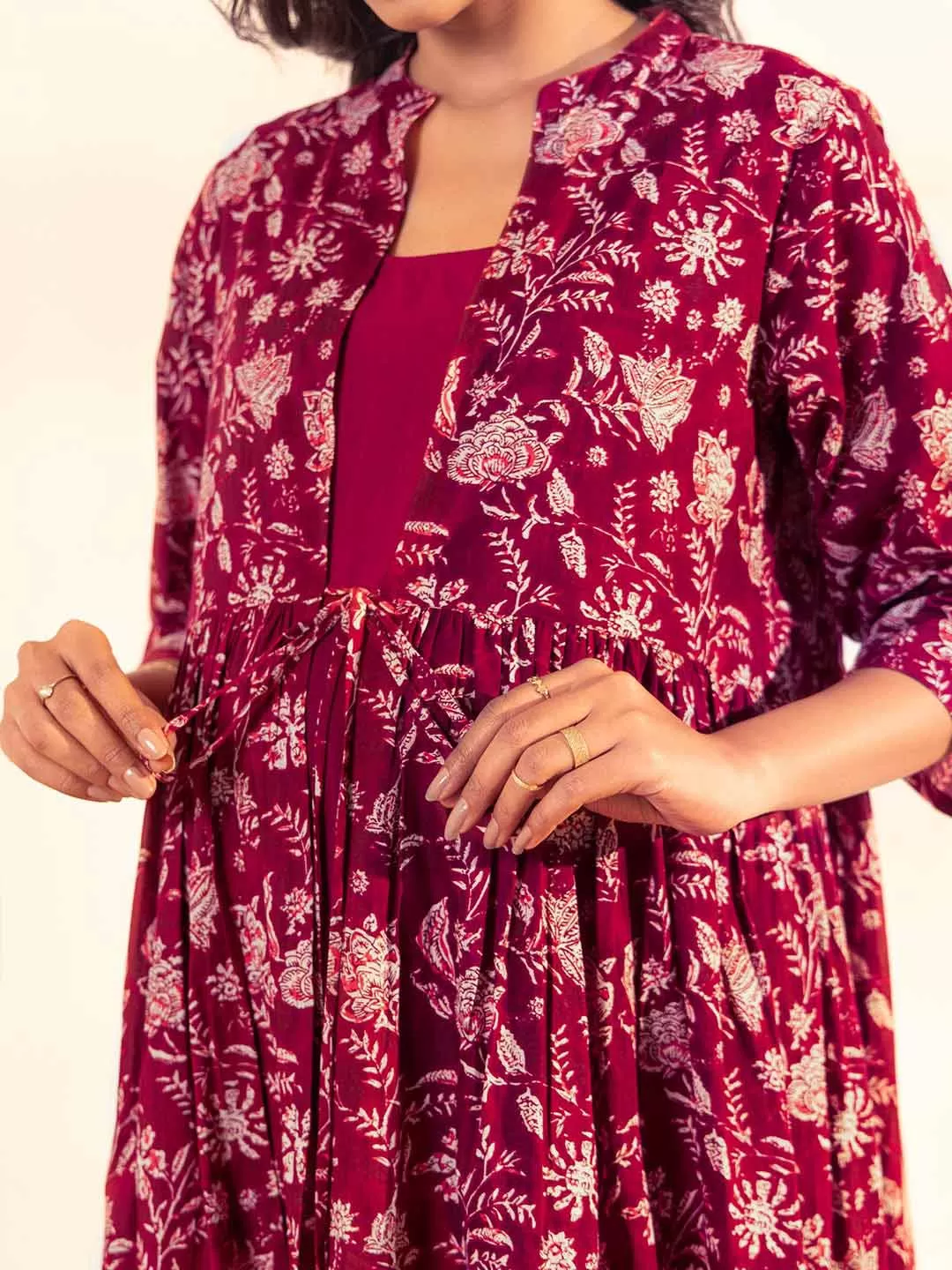 Maroon Cotton Floral Front Tie-Up Maternity Dress