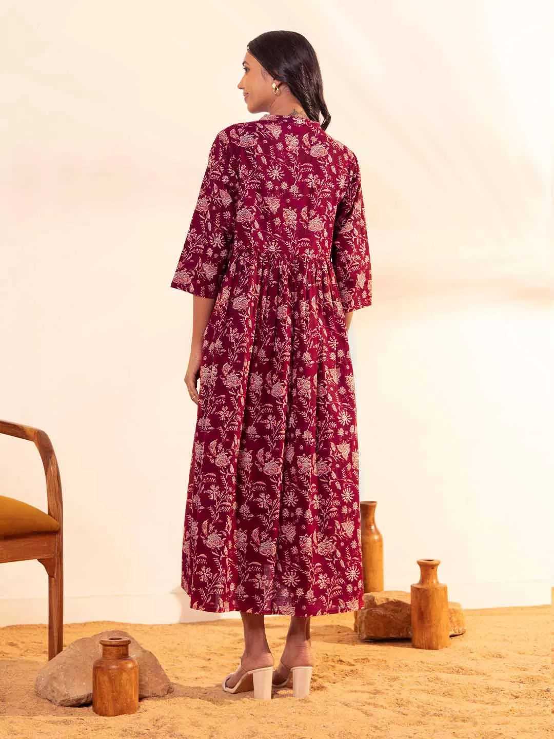 Maroon Cotton Floral Front Tie-Up Maternity Dress