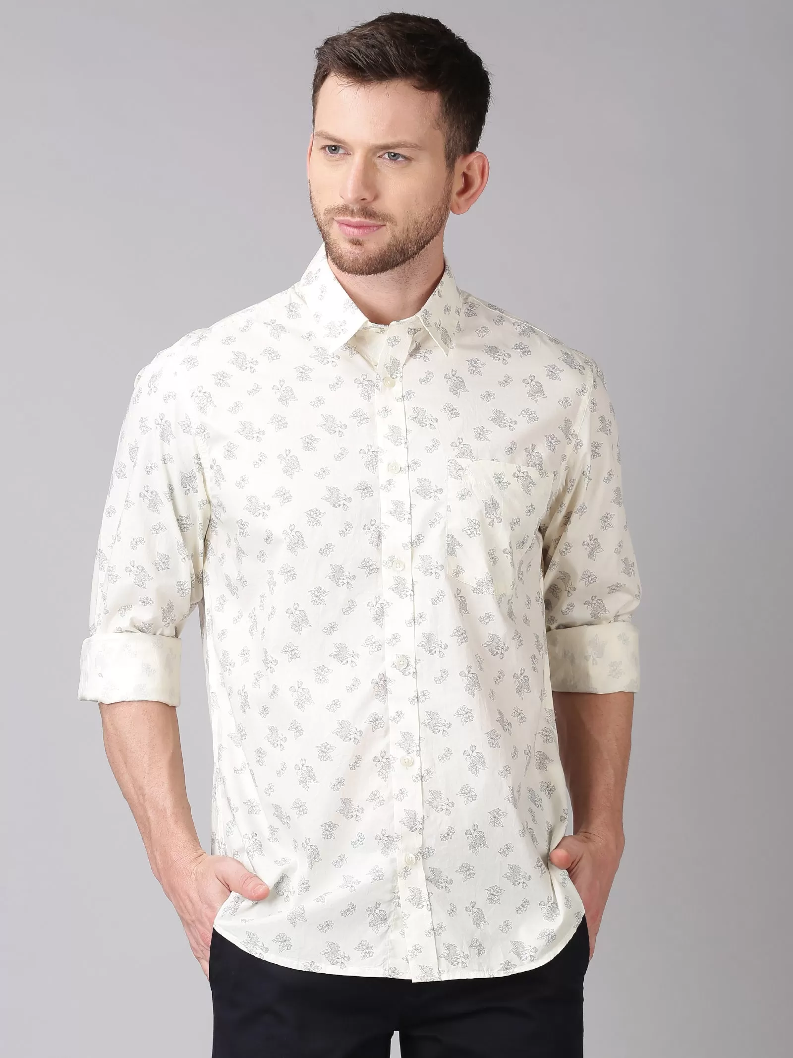 MEN'S ECRU PRINT SLIM FIT SHIRT