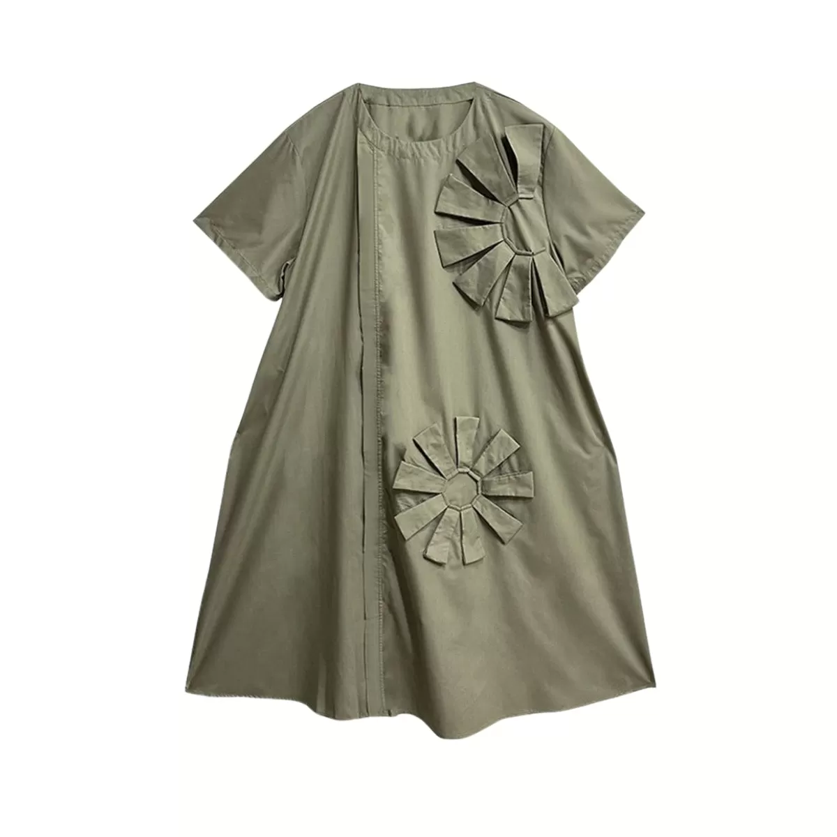 Mid-Length Dress with 3D Flower Decoration - Black & Olive