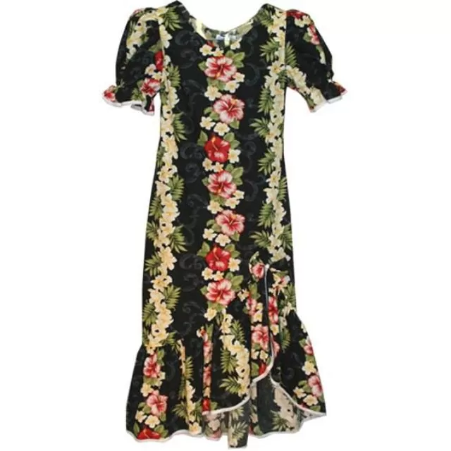 Mid Length Muumuu Hawaiian Dress Black and Hibiscus