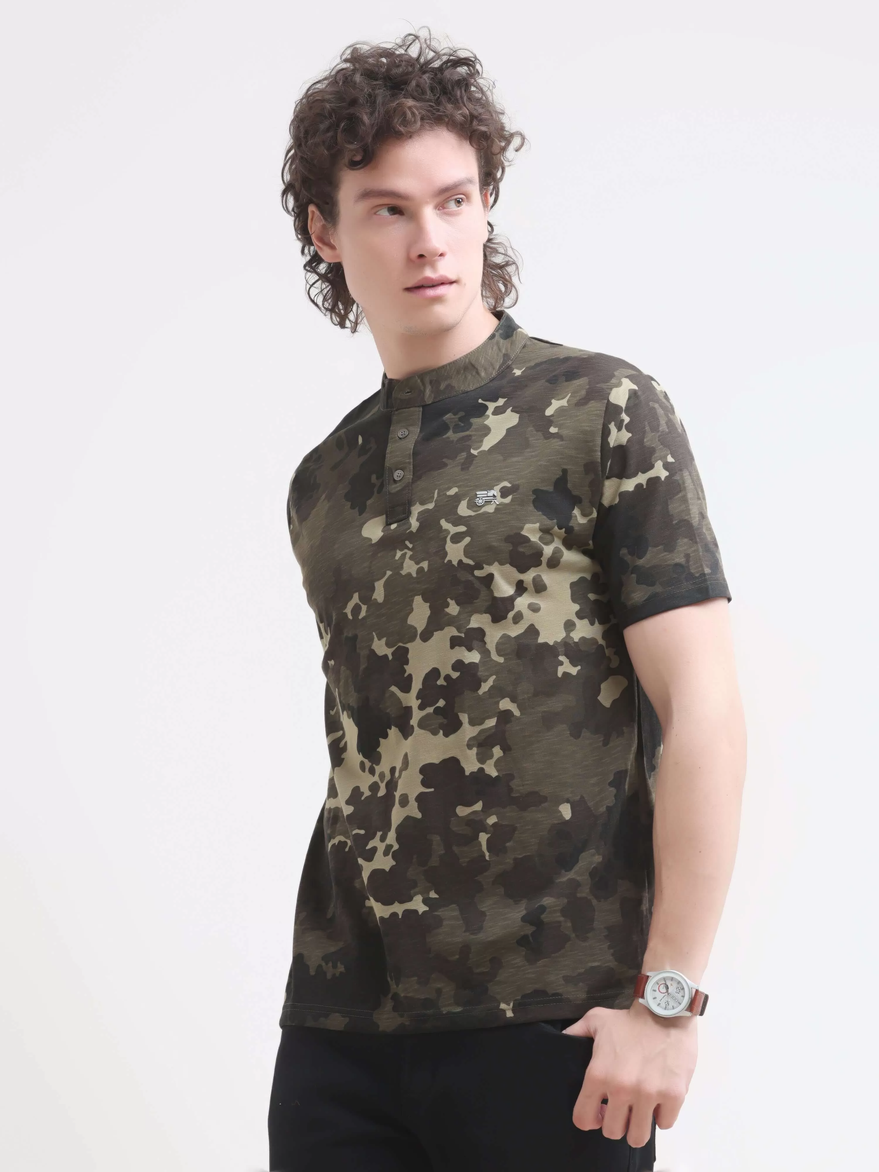 Military camouflage olive henley tshirt