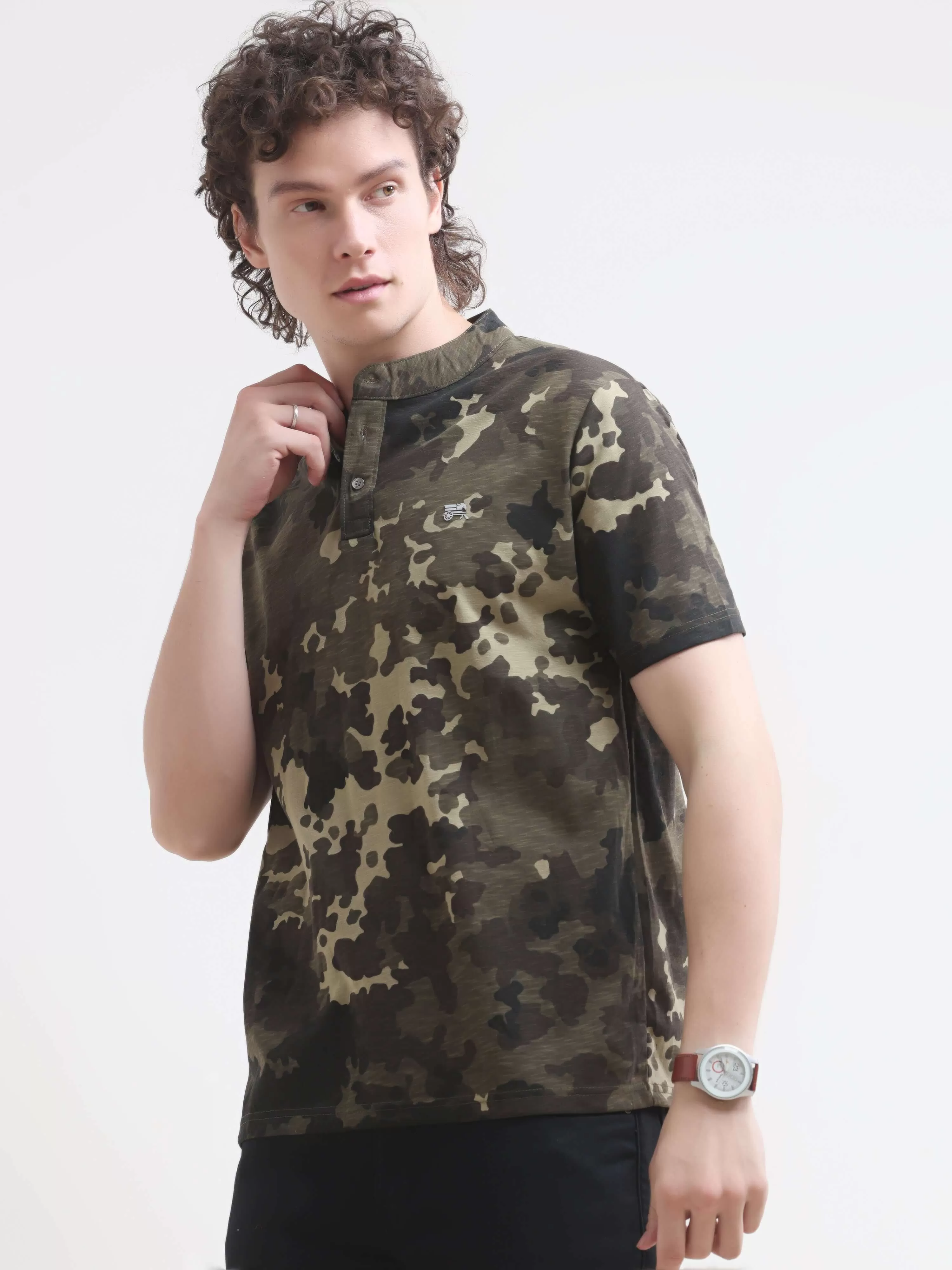 Military camouflage olive henley tshirt