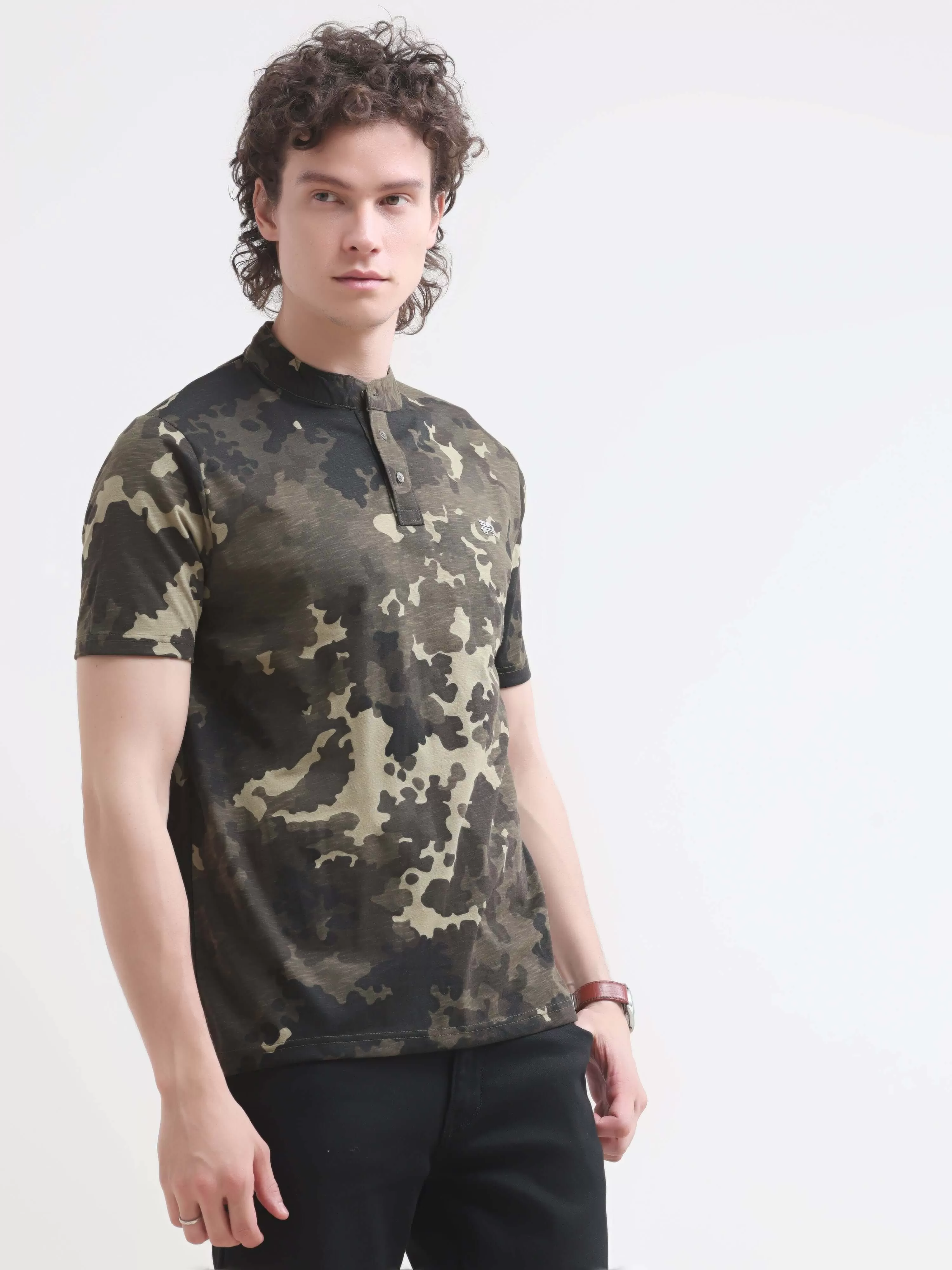 Military camouflage olive henley tshirt