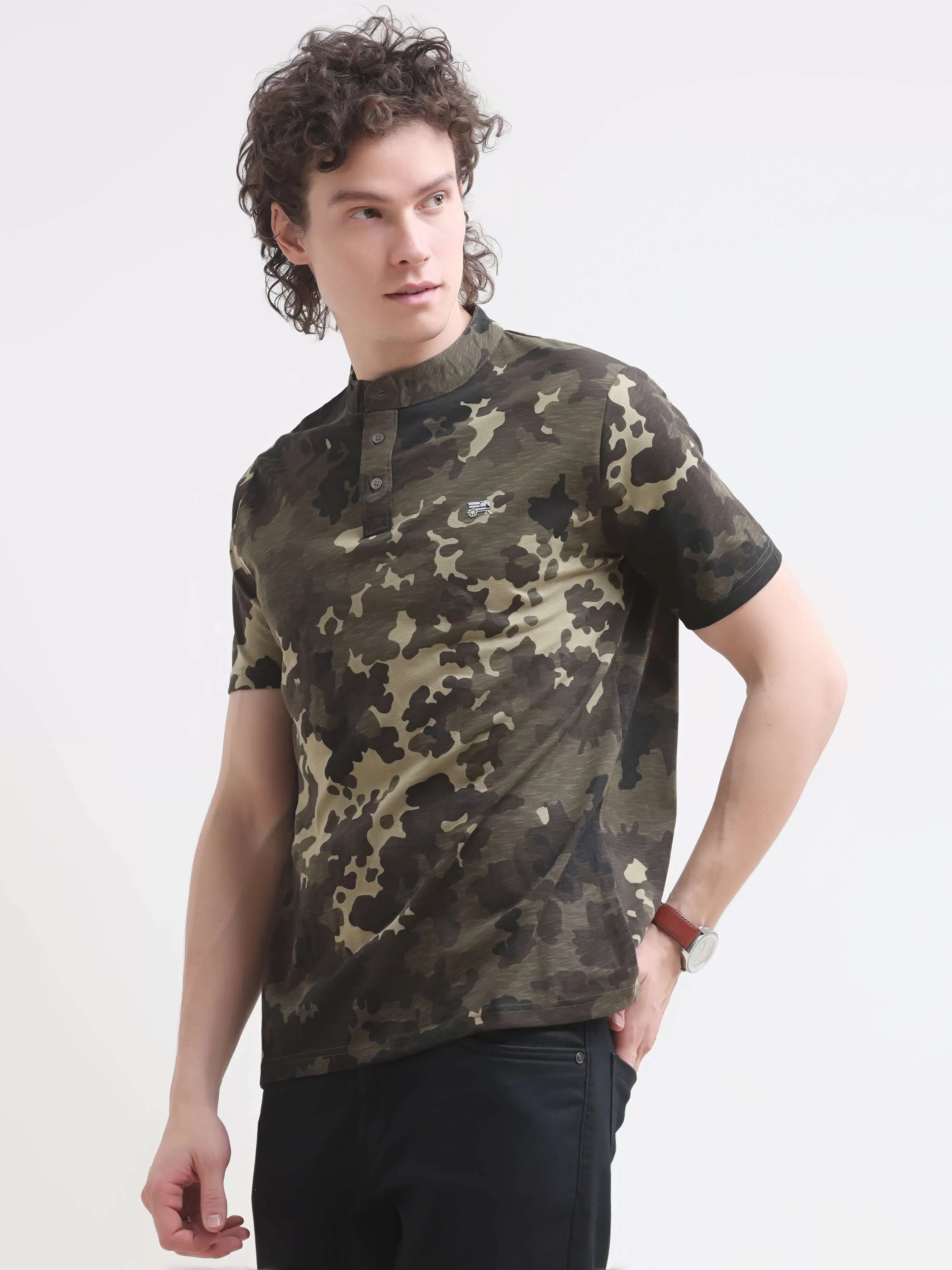 Military camouflage olive henley tshirt