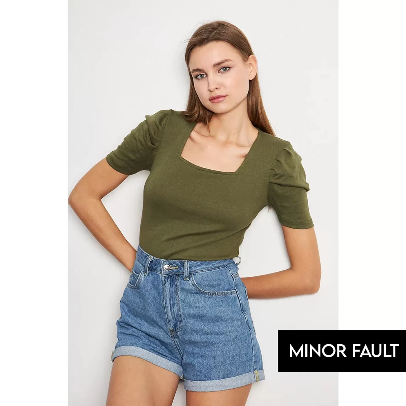 (Minor Fault) Olive Square Neck Puff Sleeves Top