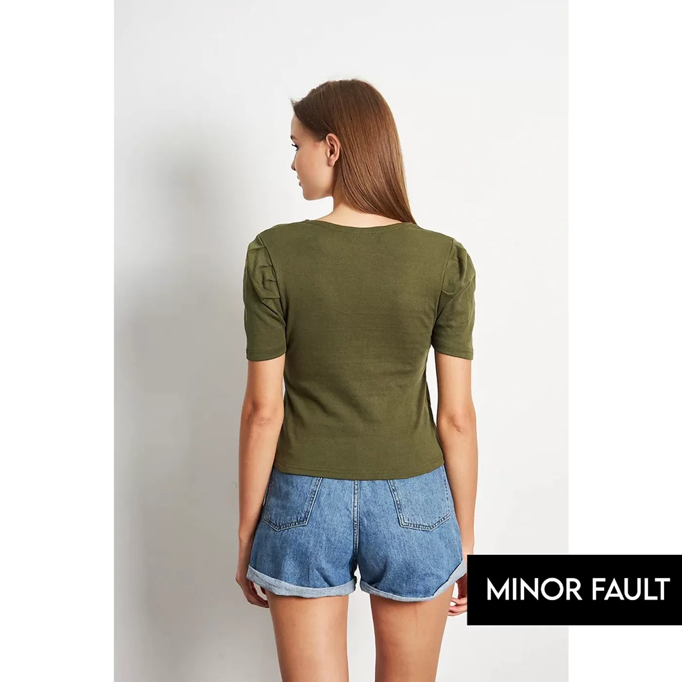 (Minor Fault) Olive Square Neck Puff Sleeves Top