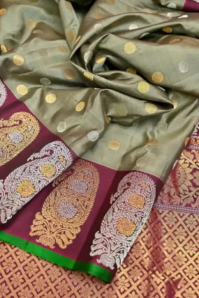 Mud Grey and Wine Color Pure Gadwal Silk Saree with Golden and Silver Zari Work