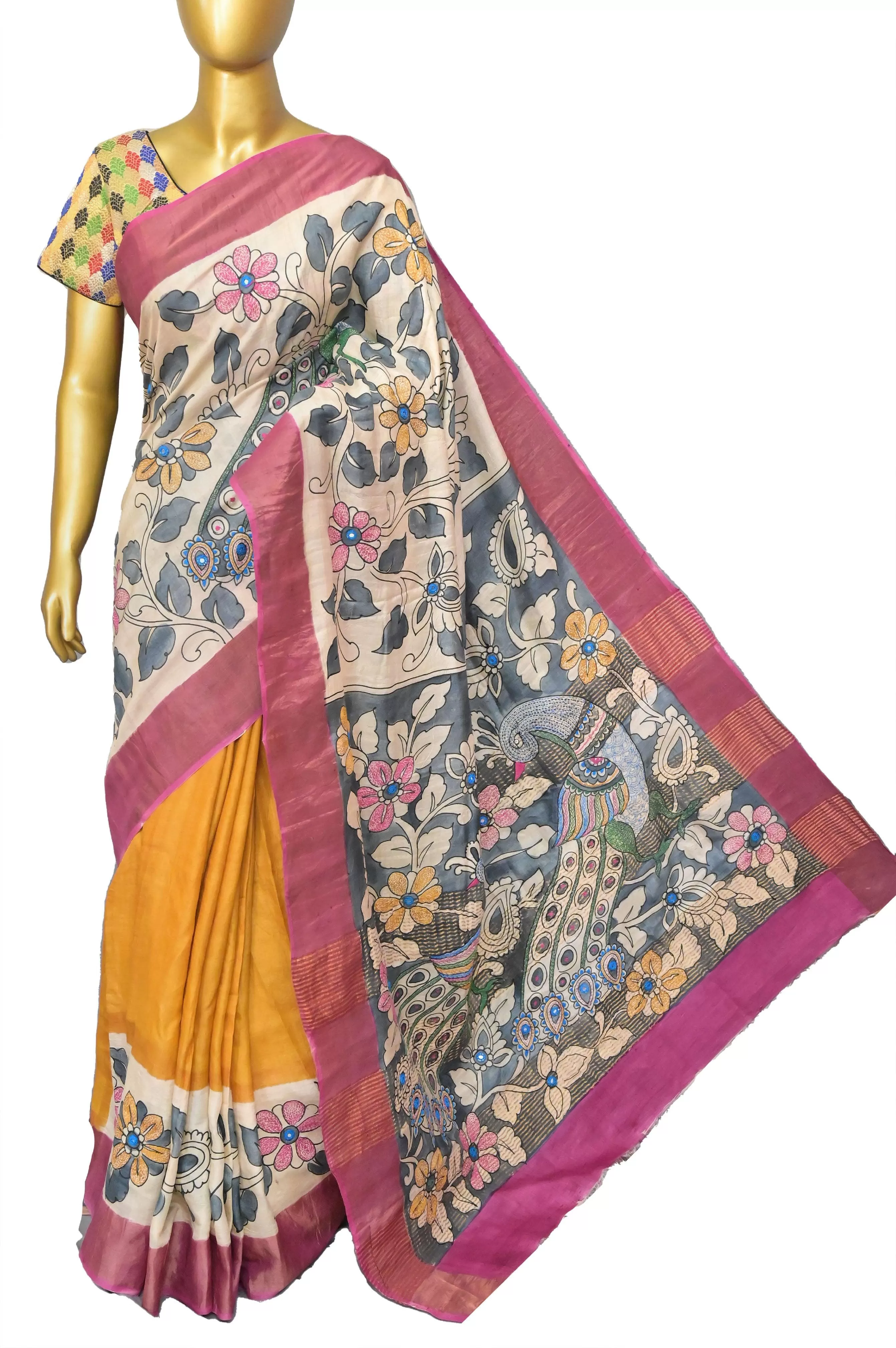 Multi Colored Zari Border Tussar Silk Saree with Painted Kalamkari and Katntha Stitch