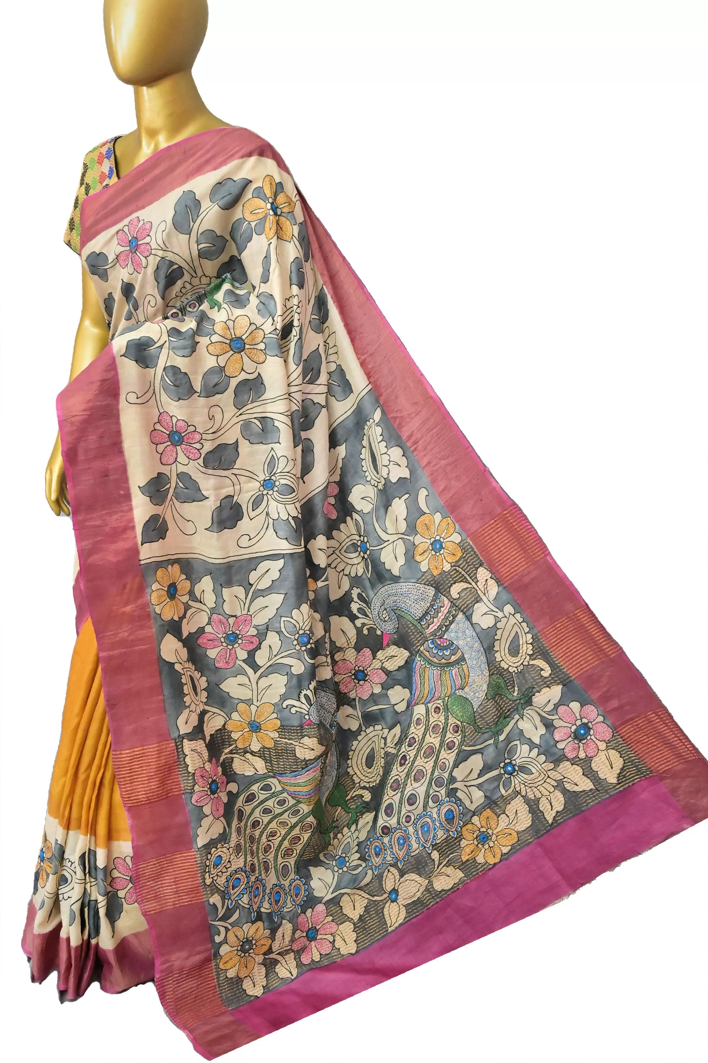 Multi Colored Zari Border Tussar Silk Saree with Painted Kalamkari and Katntha Stitch