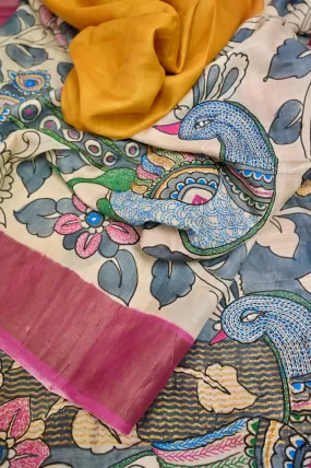 Multi Colored Zari Border Tussar Silk Saree with Painted Kalamkari and Katntha Stitch