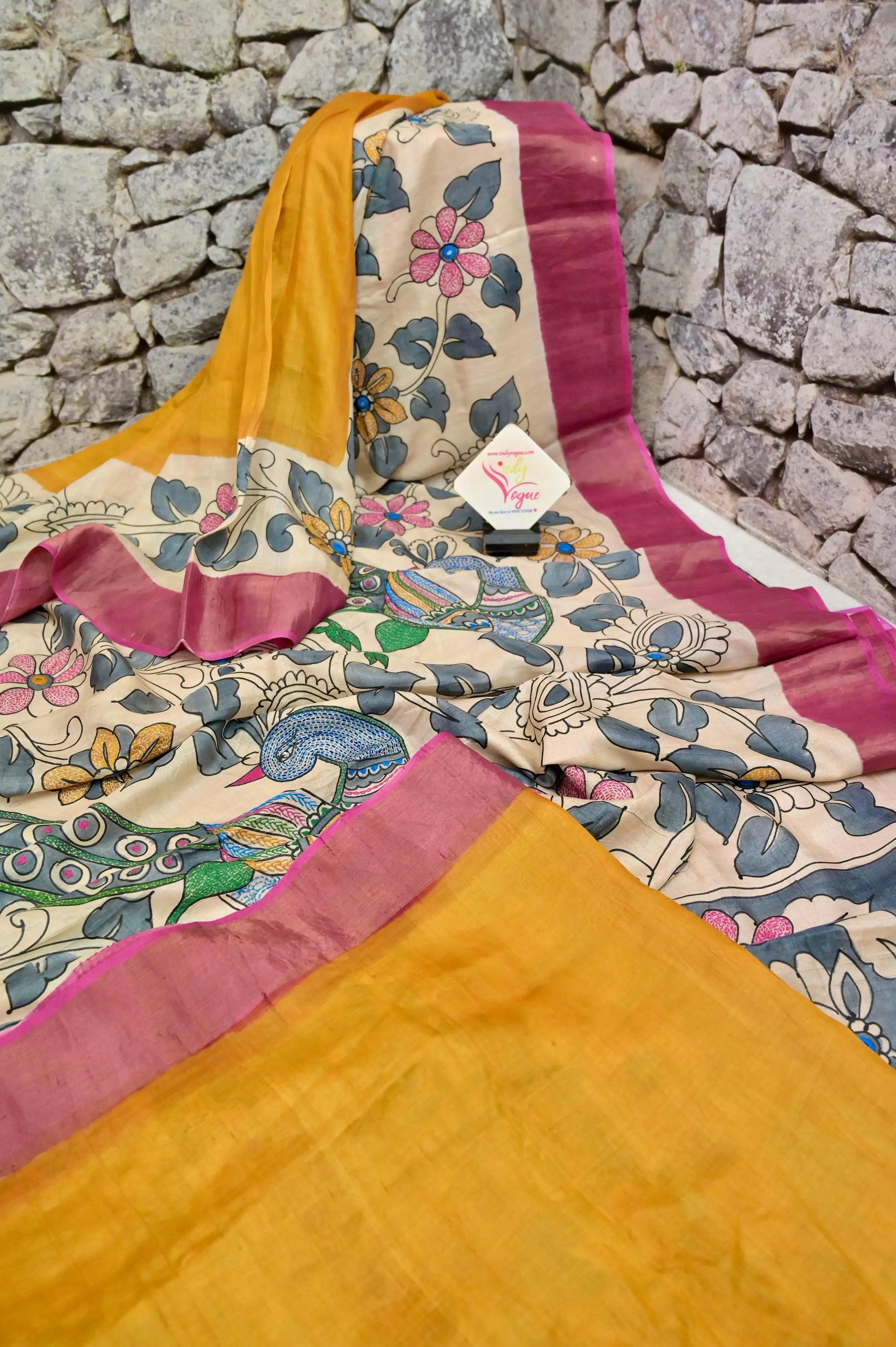 Multi Colored Zari Border Tussar Silk Saree with Painted Kalamkari and Katntha Stitch