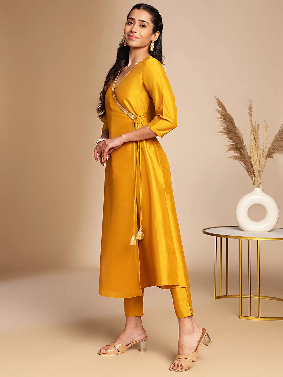 Mustard Crepe Silk Solid Wrap Kurta Set